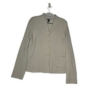 Eileen Fisher Oatmeal Waffle Knit Button Front Cardigan Jacket Tan Medium